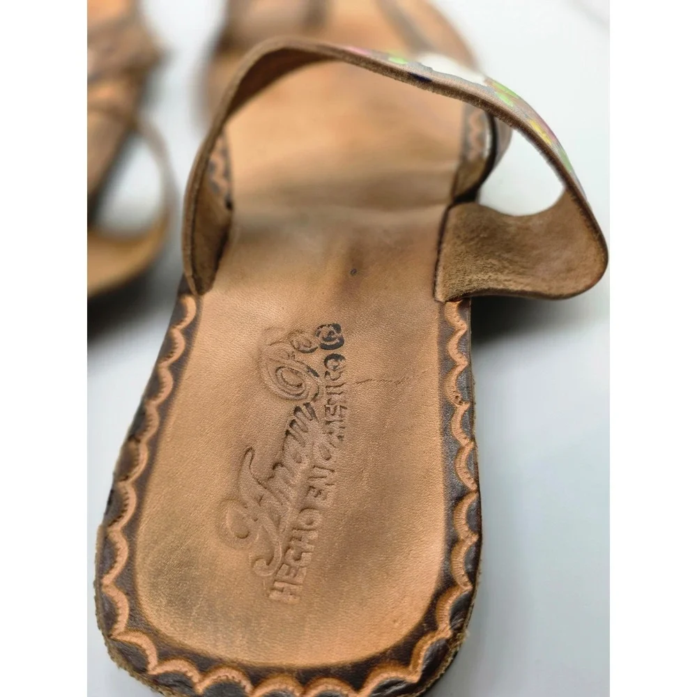 Vintage Handmade Leather Sandals Floral Toe Ring Slides Women's Size 8